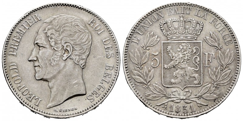 Belgium. Leopold I. 5 francs. 1851. (Km-17). Ag. 25,01 g. Minor nicks on edge. C...