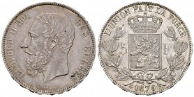 Belgium. Leopold II. 5 francs. 1876. (Km-24). Ag. 24,94 g. Minor nicks on edge. XF. Est...50,00.   

SPANISH DESCRIPTION: Bélgica. Leopold II. 5 franc...