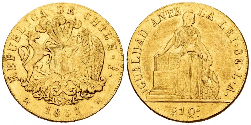 Chile. 8 escudos. 1851. Santiago. LA. (Km-105). Au. 27,05 g. VF. Est...1400,00. ...