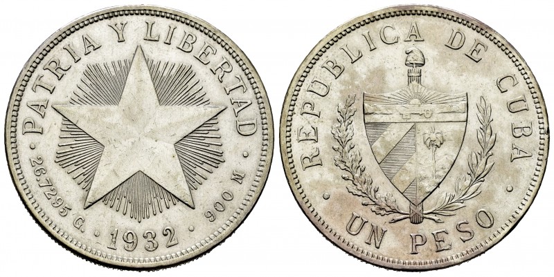 Cuba. 1 peso. 1932. (Km-15.2). Ag. 26,65 g. Cleaned. Choice VF. Est...35,00.   
...