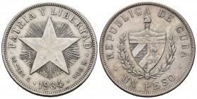 Cuba. 1 peso. 1934. (Km-15.2). Ag. 26,72 g. Almost XF. Est...35,00.   

SPANISH DESCRIPTION: Cuba. 1 peso. 1934. (Km-15.2). Ag. 26,72 g. EBC-. Est...3...