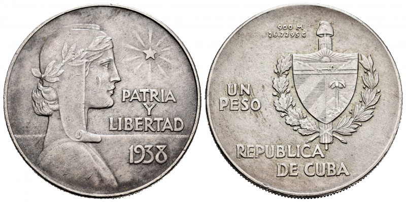 Cuba. 1 peso. 1938. (Km-22). Ag. 26,65 g. Minor nick. Almost XF. Est...60,00.   ...