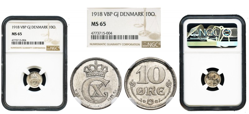 Denmark. Christian X. 10 ore. 1918. Copenhague. VBP / GJ. (Km-818.1). Ag. Slabbe...