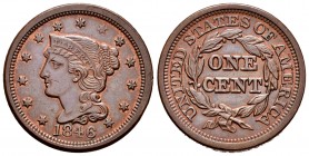 United States. 1 cent. 1846. (Km-67). Ae. 10,97 g. Braided Hair. Minor hairline on obverse. Beautiful example and scarce in this grade . AU. Est...250...
