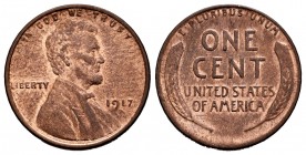 United States. 1 cent. 1917. Denver. D. Ae. 3,15 g. Scarce. AU. Est...80,00.   

SPANISH DESCRIPTION: Estados Unidos. 1 cent. 1917. Denver. D. Ae. 3,1...
