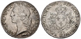 France. Louis XV. 1 ecu. 1763. Orleans. R. (Km-523.18). Ag. 29,43 g. A good sample. Scarce in this grade. Almost XF. Est...175,00.   

SPANISH DESCRIP...