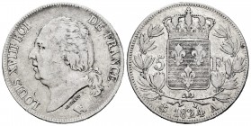 France. Louis XVIII. 5 francs. 1824. Paris. A. (Km-711.1). (Gad-614). Ag. 24,67 g. Choice F. Est...35,00.   

SPANISH DESCRIPTION: Francia. Louis XVII...