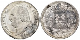 France. Louis XVIII. 5 francs. 1824. Lille. W. (Km-711.13). (Gad-614). Ag. 24,87 g. With some original luster remaining. XF/Almost XF. Est...120,00.  ...