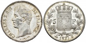 France. Charles X. 5 francs. 1827. Rouen. B. (Km-782.2). (Gad-644). Ag. 24,67 g. Minor nicks on edge. With some original luster remaining. A good samp...