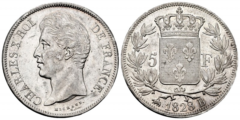 France. Charles X. 5 francs. 1828. Rouen. B. (Km-728.2). (Gad-644). Ag. 24,85 g....