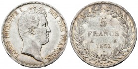 France. Louis Philippe I. 5 francs. 1831. Paris. A. (Km-735.1). (Gad-676a). Ag. 24,82 g. Minor nicks. Choice VF. Est...50,00.   

SPANISH DESCRIPTION:...