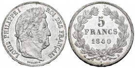 France. Louis Philippe I. 5 francs. 1840. Rouen. B. (Km-749.2). (Gad-678). Ag. 14,91 g. Original luster. Almost UNC. Est...300,00.   

SPANISH DESCRIP...