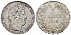 France. Louis Philippe I. 5 francs. 1845. Lille. W. (Km-749.13). (Gad-678a). Ag. 24,92 g. Choice VF. Est...50,00.   

SPANISH DESCRIPTION: Francia. Lo...