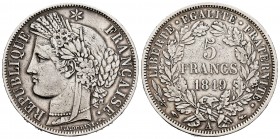 France. II Republic. 5 francs. 1849. Paris. A. (Km-761.1). (Gad-719). Ag. 24,89 g. VF. Est...40,00.   

SPANISH DESCRIPTION: Francia. II República. 5 ...