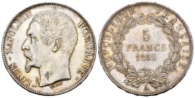 France. Louis Napoleon. 5 francs. 1852. Paris. A. (Km-773.1). (Gad-726). Ag. 24,93 g. Almost XF. Est...80,00.   

SPANISH DESCRIPTION: Francia. Louis ...
