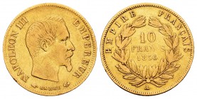France. Napoleon III. 10 francs. 1856. Paris. A. (Km-784.1). (Gad-1014). (Fried-577). Au. 3,15 g. Choice F. Est...150,00.   

SPANISH DESCRIPTION: Fra...