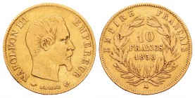 France. Napoleon III. 10 francs. 1858. Paris. A. (Km-784.1). (Gad-1014). (Fried-577). Au. 3,16 g. Choice F. Est...150,00.   

SPANISH DESCRIPTION: Fra...