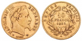 France. Napoleon III. 10 francs. 1862. Paris. A. (Km-784.1). (Gad-1014). (Fried-577). Au. 3,18 g. Choice F. Est...150,00.   

SPANISH DESCRIPTION: Fra...