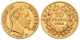 France. Napoleon III. 10 francs. 1866. Paris. A. (Km-784.1). (Gad-1014). (Fried-577). Au. 3,21 g. Choice F. Est...150,00.   

SPANISH DESCRIPTION: Fra...