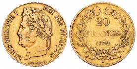 France. Louis Philippe I. 20 francs. 1839. Paris. A. (Gad-1031). (Fried-560). Au. 6,37 g. Almost VF. Est...280,00.   

SPANISH DESCRIPTION: Francia. L...