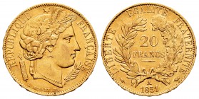 France. 20 francs. 1851. Paris. A. (Gad-1059). (Fried-529.4). (Fried-566). Au. 6,44 g. XF. Est...275,00.   

SPANISH DESCRIPTION: Francia. 20 francs. ...