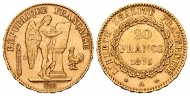 France. 20 francs. 1875. Paris. A. (Km-825). (Fried-592). Au. 6,44 g. Almost XF/XF. Est...300,00.   

SPANISH DESCRIPTION: Francia. 20 francs. 1875. P...