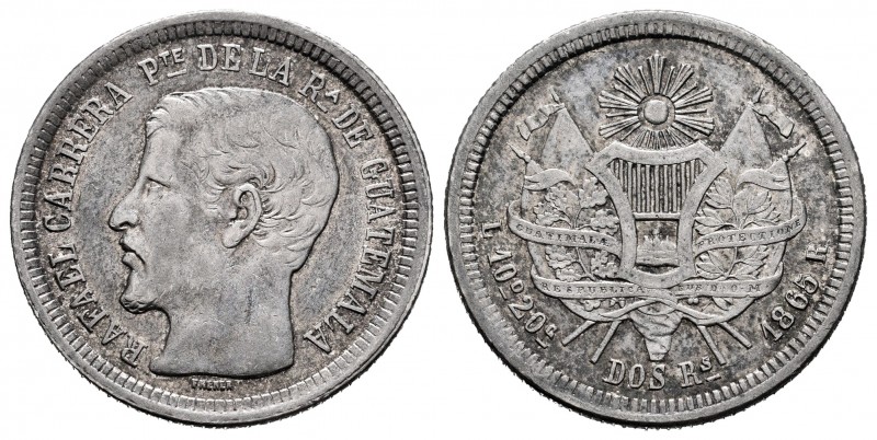 Guatemala. 2 reales. 1865. R. (Km-139). Ag. 6,08 g. Without dot after the R. Sca...