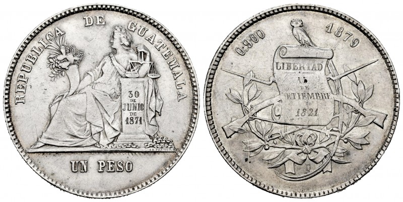 Guatemala. 1 peso. 1879. D. (Km-201). Ag. 24,97 g. Rare. Choice VF. Est...200,00...