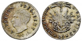 Haiti. 25 céntimos. AN 14 (1817). (Km-15.2). Ag. 2,19 g. Very scarce. XF. Est...175,00.   

SPANISH DESCRIPTION: Haití. 25 céntimos. AN 14 (1817). (Km...