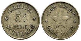 Danish India. Token 5 Cents. 1889. Anv.: Central star, around * Labor Improbus * Omnia Vincit. Rev.: Central value 5c Mexic, around * G. LEVITI * St. ...