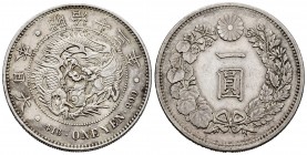 Japan. Mutsuhito. 1 yen. 1880 (year13). (Km-Y28a.1). Ag. 26, 77 Scarce. Choice VF. Est...80,00.   

SPANISH DESCRIPTION: Japón. Mutsuhito. 1 yen. 1880...