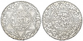 Morocoo. Abd al-Aziz. 10 dirhams. 1321 (1903). Paris. (Km-Y22.2). Ag. 24,83 g. Choice VF/Almost XF. Est...60,00.   

SPANISH DESCRIPTION: Marruecos. A...
