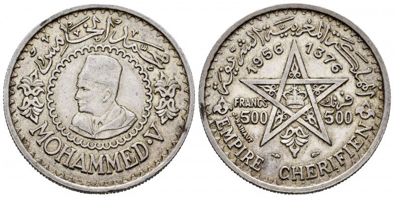 Morocoo. Mohamad V. 500 francs. 1376 (1956). (Km-Y54). Ag. 22,48 g. Choice VF. E...