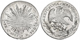 Mexico. 8 reales. 1883. Guadalajara. TB. (Km-377.6). Ag. 27,02 g. Minor hairlines of coinage. Original luster. AU/Almost UNC. Est...100,00.   

SPANIS...
