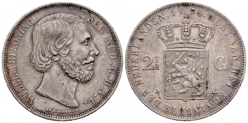 Low Countries. Wilhelm II. 2 1/2 gulden. 1871. (Km-82). Ag. 24,88 g. Choice VF. ...