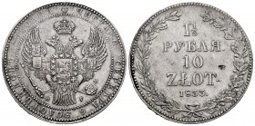 Poland. Nicholas I. 10 zlotych. 1833. Saint Petesburg. (Bitkin-1083). (Km-C134). (Dav-284). Ag. 30,80 g. Defect on reverse. Choice VF. Est...180,00.  ...