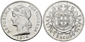 Portugal. 1 escudo. 1916. (Km-564). (Gomes-23.2). Ag. 24,75 g. Original luster. Almost UNC. Est...75,00.   

SPANISH DESCRIPTION: Portugal. 1 escudo. ...