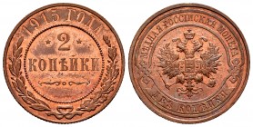 Russia. Nicholas II. 2 kopecks. 1915. Saint Petesburg. (Km-Y 10.3). (Bitkin-245). Ae. 6,67 g. Original luster. UNC. Est...50,00.   

SPANISH DESCRIPTI...