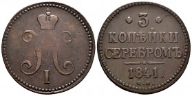 Russia. Nicholas I. 3 kopeks. 1841. Ekaterinburg. EM. (Bitkin-539). (Km-146.1). Ae. 28,34 g. Almost VF. Est...60,00.   

SPANISH DESCRIPTION: Rusia. N...