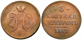 Russia. Nicholas I. 3 kopeks. 1842. Izhora. (Bitkin-811). Ae. 30,30 g. Striking defects. Choice VF. Est...75,00.   

SPANISH DESCRIPTION: Rusia. Nicho...