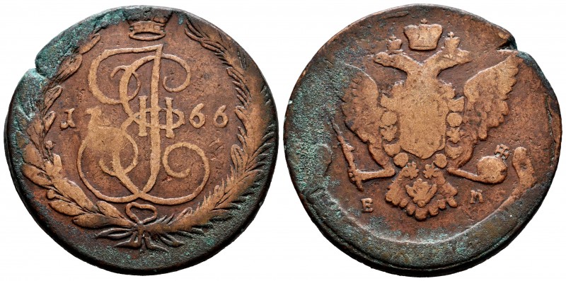 Russia. Catherine II. 5 kopecks. 1766. Ekaterinburg. EM. (Bitkin-612). Ae. 50,14...