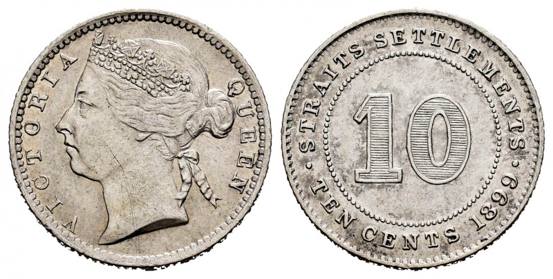 Straits Settlements. 10 cents. 1899. (Km-11). Ag. 2,69 g. XF. Est...80,00.   

S...