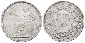 Switzerland. 5 francs. 1874. Bern. B. (Km-111). Ag. 24,88 g. Minor nick on edge. Choice VF. Est...90,00.   

SPANISH DESCRIPTION: Suiza. 5 francs. 187...