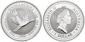 Australia. Elizabeth II. 1 dollar. 1996. (Km-289.1). Ag. 31,10 g. Kookaburra. PR. Est...25,00.   

SPANISH DESCRIPTION: Australia. Elizabeth II. 1 dol...