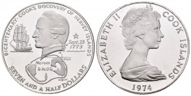 Cook Islands. Elizabeth II. 7 1/2 dollars. 1974. (Km-10). Ag. 33,65 g. Bicentenary - Cook's Discovery of Hervey Islands. PR. Est...40,00.   

SPANISH ...