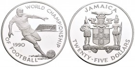 Jamaica. 25 dollars. 1990. (Km-142). Ag. 23,33 g. Italia´90. PR. Est...25,00.   

SPANISH DESCRIPTION: Jamaica. 25 dollars. 1990. (Km-142). Ag. 23,33 ...
