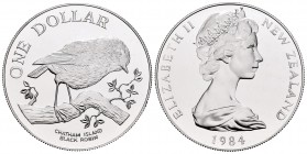 New Zealand. Elizabeth II. 1 dollar. 1984. (Km-53a). Ag. 27,22 g. Black Robin. PR. Est...25,00.   

SPANISH DESCRIPTION: Nueva Zelanda. Elizabeth II. ...