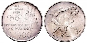 San Marino. 500 liras. 1980. (Km-110). Ag. 11,00 g. Olympic Games Moscú 1880, boxing. Minor scratches. UNC. Est...15,00.   

SPANISH DESCRIPTION: San ...