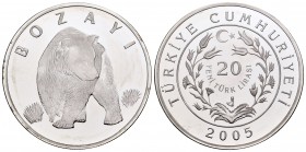 Turkey. 20 new lira. 2005. Istambul. (Km-1184). Ag. 23,37 g. Grizzy grey. Mintage: 802. PR. Est...50,00.   

SPANISH DESCRIPTION: Turquía. 20 new lira...