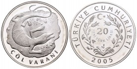 Turkey. 20 new lira. 2005. Istambul. (Km-1185). Ag. 23,37 g. Desert Lizard. Mintage: 753. PR. Est...50,00.   

SPANISH DESCRIPTION: Turquía. 20 new li...